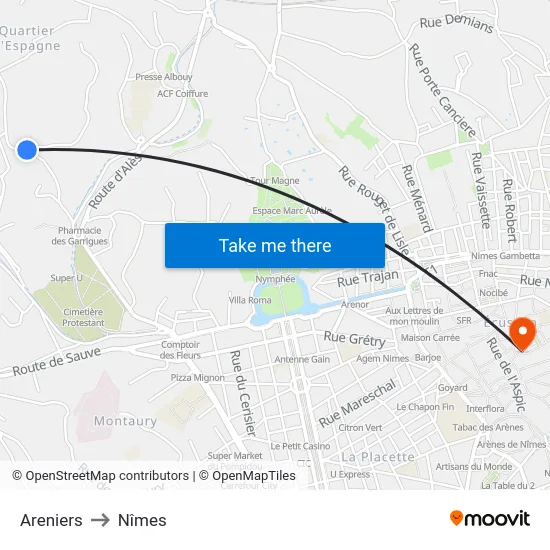 Areniers to Nîmes map