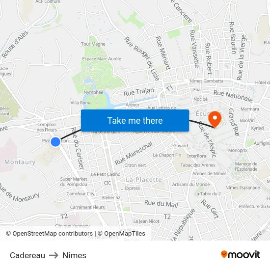 Cadereau to Nîmes map