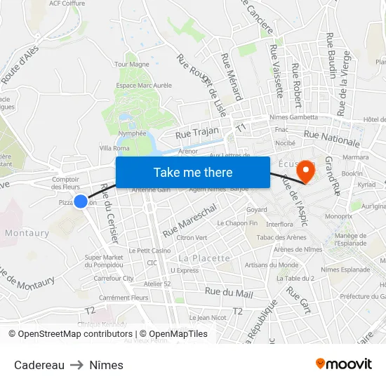 Cadereau to Nîmes map
