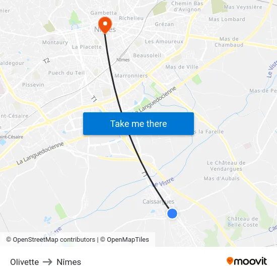 Olivette to Nîmes map