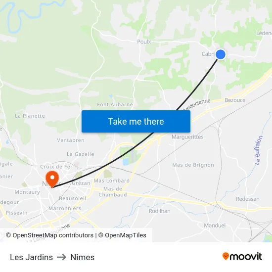 Les Jardins to Nîmes map