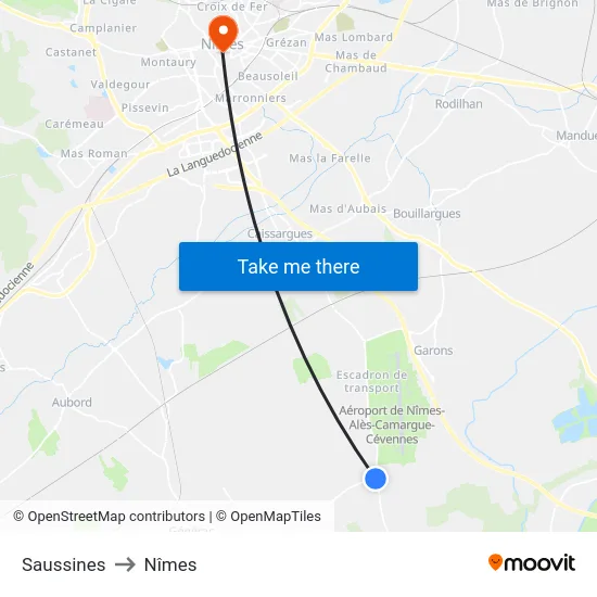 Saussines to Nîmes map