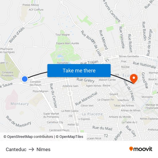 Canteduc to Nîmes map