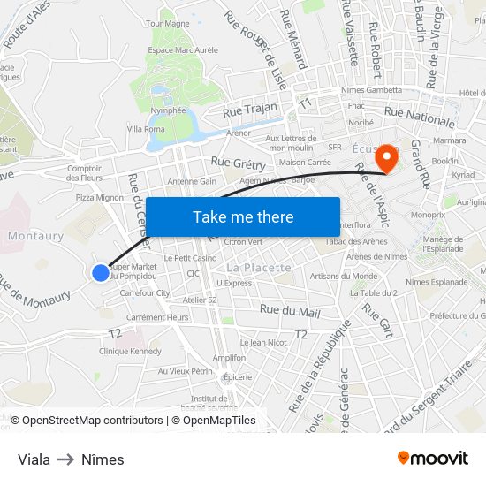 Viala to Nîmes map