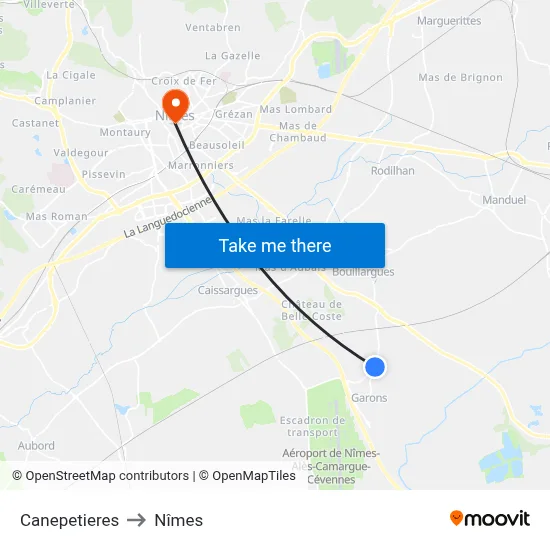 Canepetieres to Nîmes map