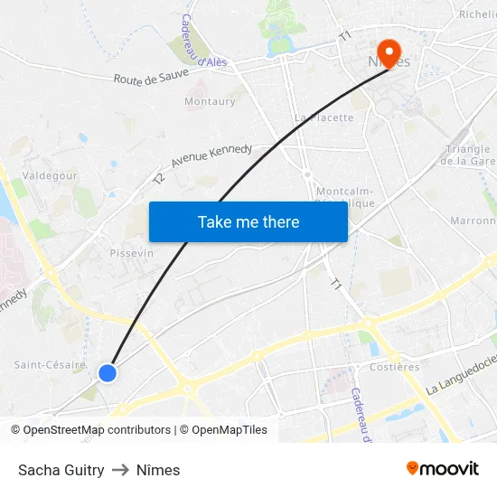 Sacha Guitry to Nîmes map