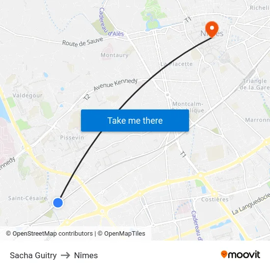 Sacha Guitry to Nîmes map