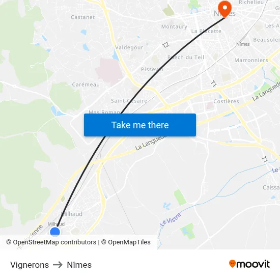 Vignerons to Nîmes map