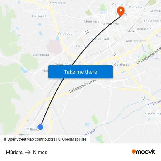 Mûriers to Nîmes map