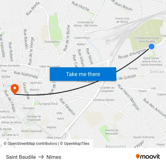 Saint Baudile to Nîmes map