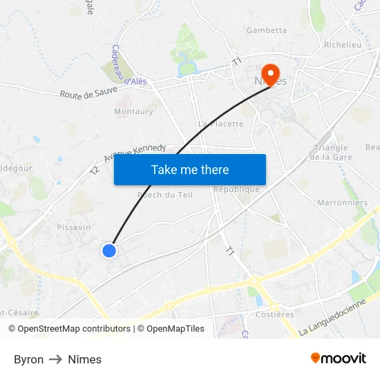 Byron to Nîmes map