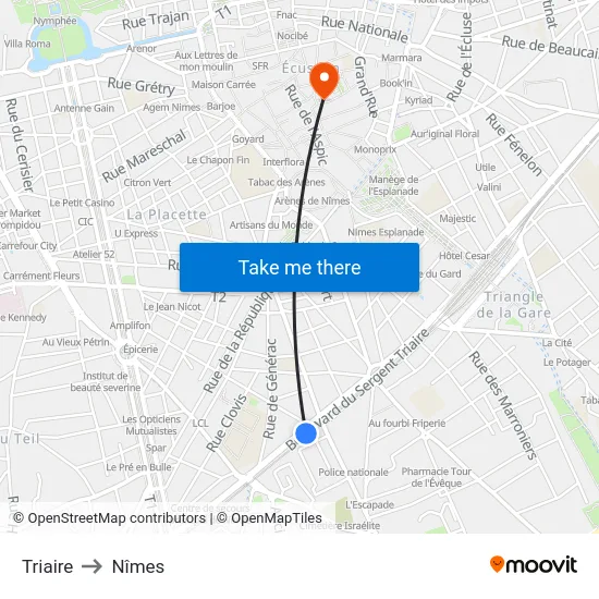 Triaire to Nîmes map