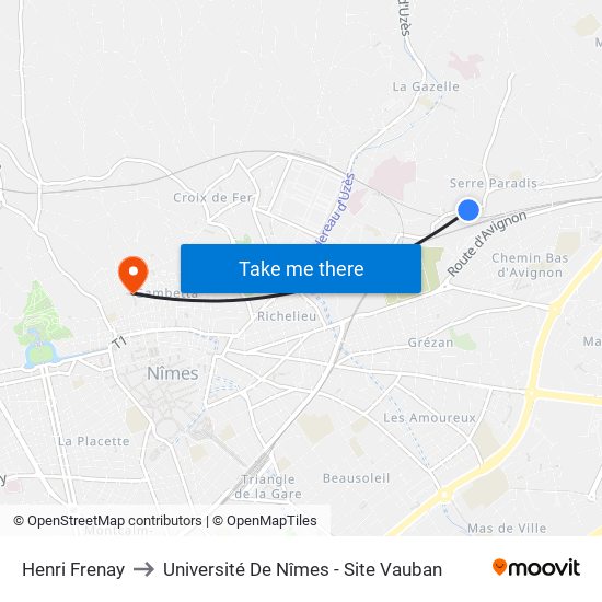 Henri Frenay to Université De Nîmes - Site Vauban map