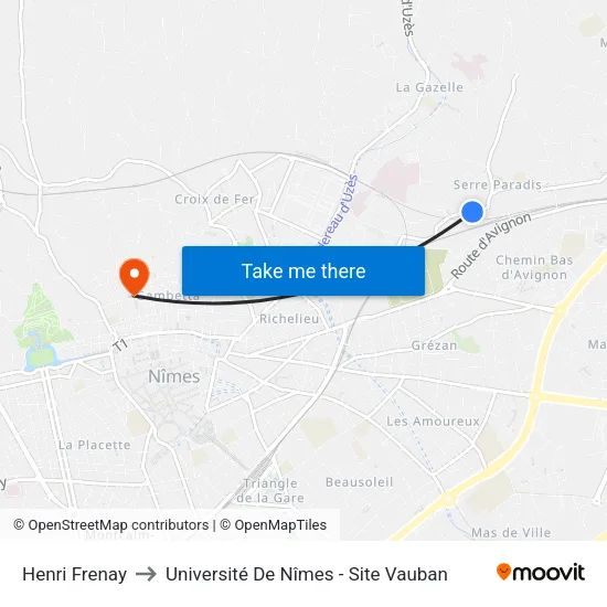 Henri Frenay to Université De Nîmes - Site Vauban map