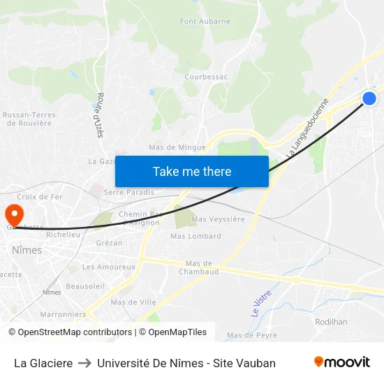 La Glaciere to Université De Nîmes - Site Vauban map