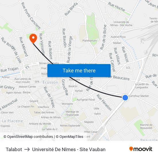Talabot to Université De Nîmes - Site Vauban map