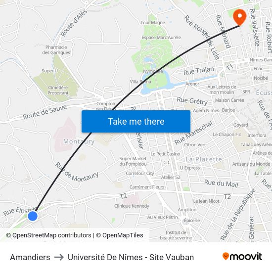 Amandiers to Université De Nîmes - Site Vauban map