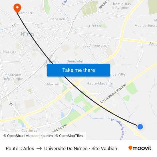 Route D'Arlès to Université De Nîmes - Site Vauban map