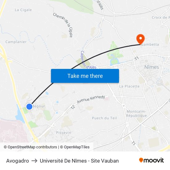 Avogadro to Université De Nîmes - Site Vauban map