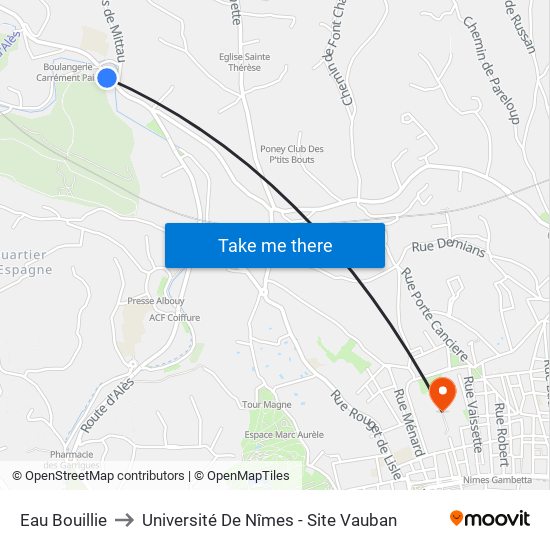 Eau Bouillie to Université De Nîmes - Site Vauban map