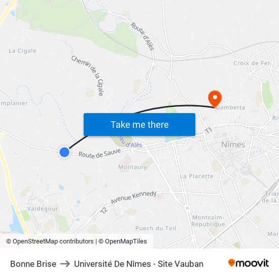 Bonne Brise to Université De Nîmes - Site Vauban map