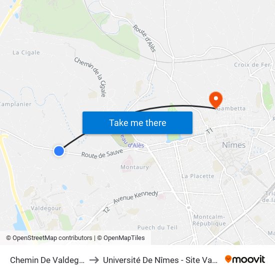 Chemin De Valdegour to Université De Nîmes - Site Vauban map