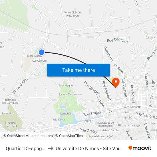 Quartier D'Espagne to Université De Nîmes - Site Vauban map