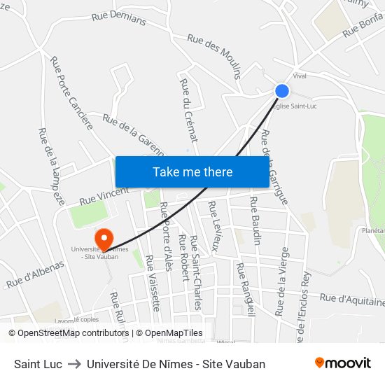 Saint Luc to Université De Nîmes - Site Vauban map