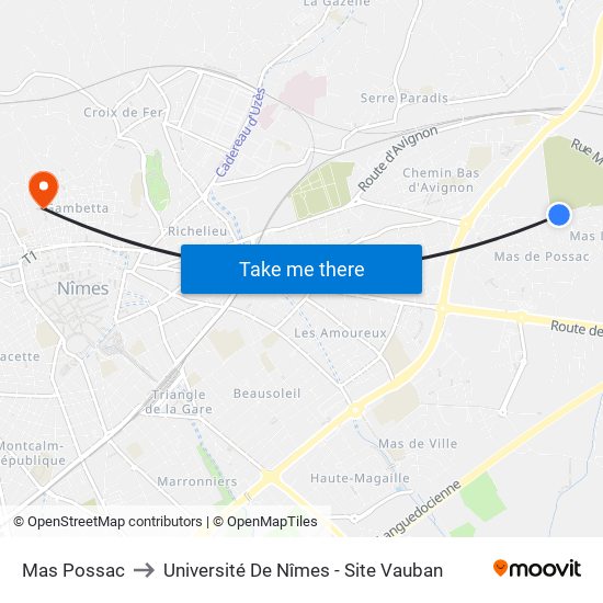 Mas Possac to Université De Nîmes - Site Vauban map