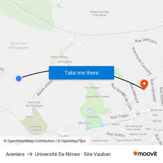 Areniers to Université De Nîmes - Site Vauban map