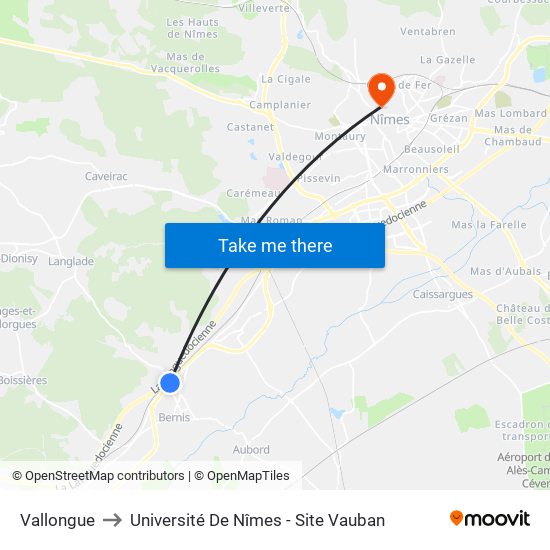 Vallongue to Université De Nîmes - Site Vauban map