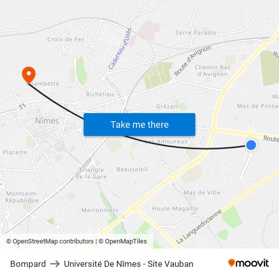 Bompard to Université De Nîmes - Site Vauban map