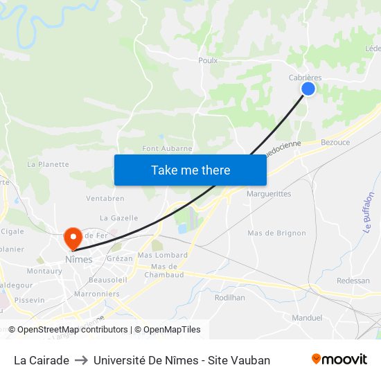 La Cairade to Université De Nîmes - Site Vauban map