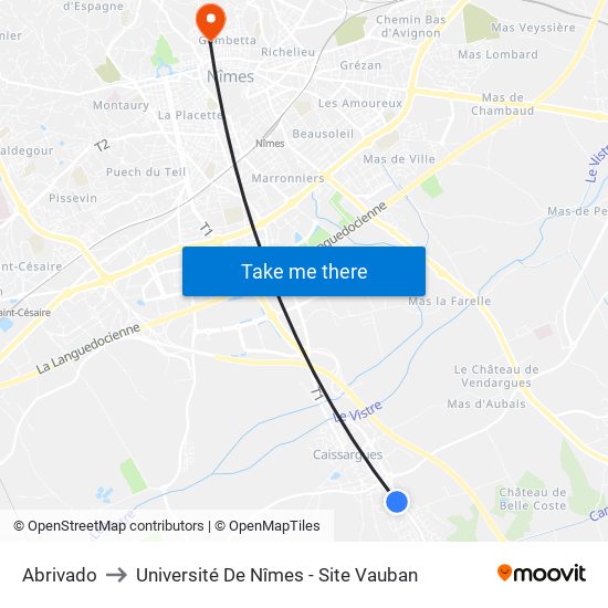 Abrivado to Université De Nîmes - Site Vauban map