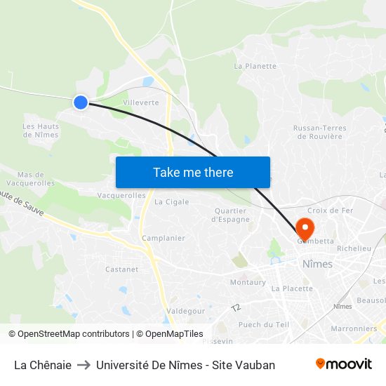 La Chênaie to Université De Nîmes - Site Vauban map