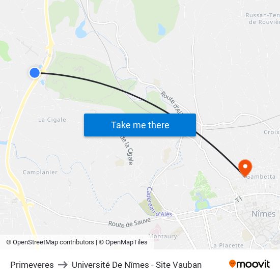 Primeveres to Université De Nîmes - Site Vauban map