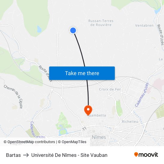 Bartas to Université De Nîmes - Site Vauban map