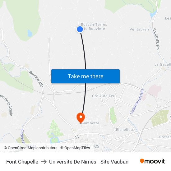 Font Chapelle to Université De Nîmes - Site Vauban map