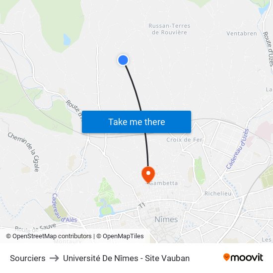 Sourciers to Université De Nîmes - Site Vauban map
