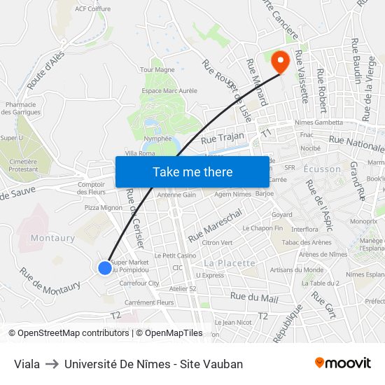 Viala to Université De Nîmes - Site Vauban map