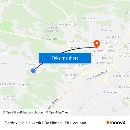 Perdrix to Université De Nîmes - Site Vauban map