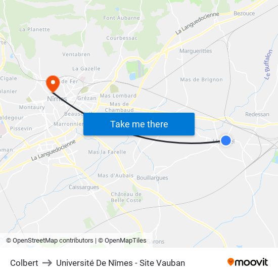 Colbert to Université De Nîmes - Site Vauban map