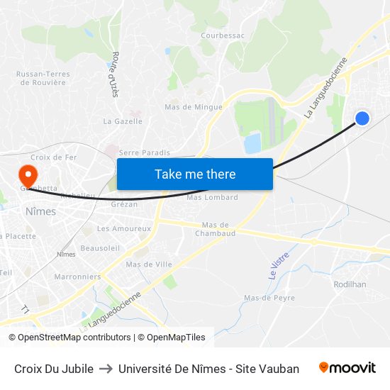 Croix Du Jubile to Université De Nîmes - Site Vauban map