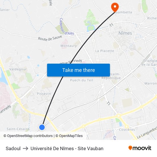 Sadoul to Université De Nîmes - Site Vauban map