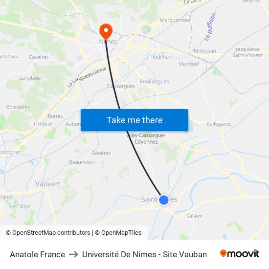 Anatole France to Université De Nîmes - Site Vauban map