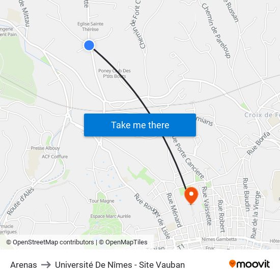 Arenas to Université De Nîmes - Site Vauban map