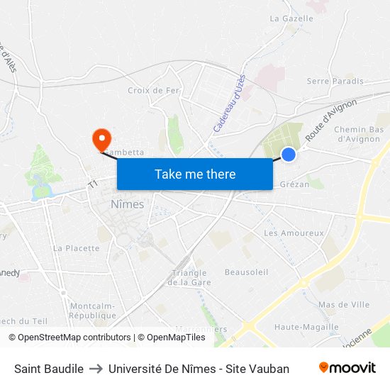Saint Baudile to Université De Nîmes - Site Vauban map
