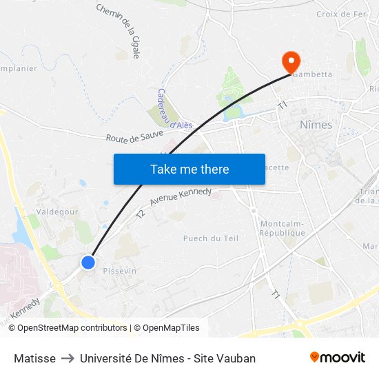 Matisse to Université De Nîmes - Site Vauban map