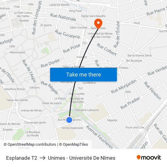 Esplanade T2 to Unimes - Université De Nîmes map