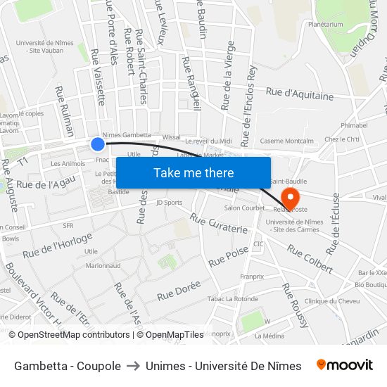 Gambetta - Coupole to Unimes - Université De Nîmes map